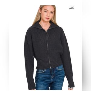 Black Ribbed Zip-Up Sweater